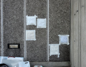 Test rubbings and latex cast on pre-cast, coarse-aggregate panels, rear of Queen Elizabeth Hall